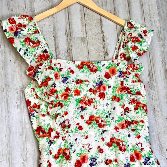 Blue Rain Red Floral Eyelet Embroidered Flower Fields Cotton Sundress Size M - Picture 3 of 12